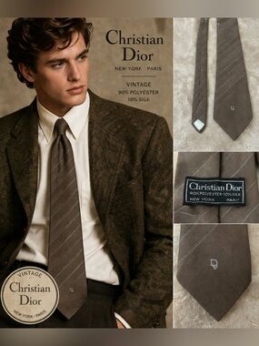Christian Dior Vintage Striped Tie Brown Silver Logo Quiet Luxury Necktie dad